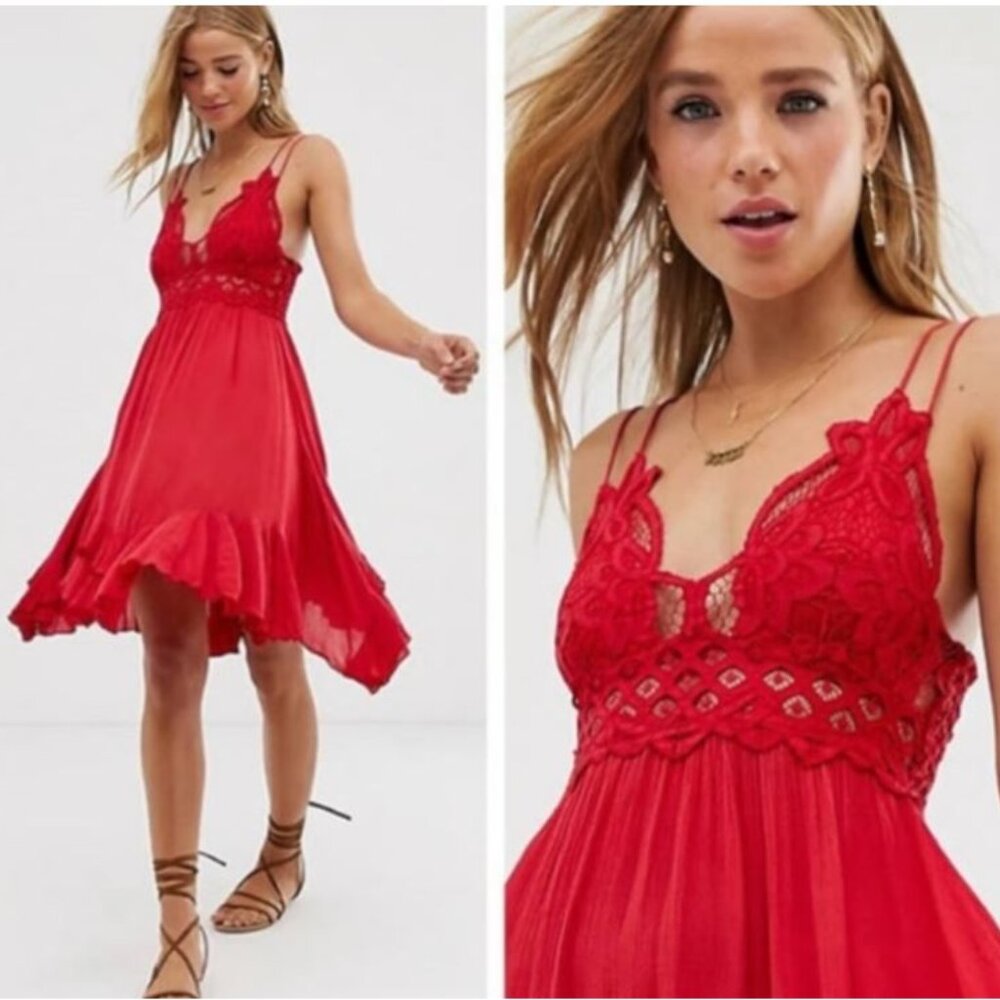 Free People Red Ruffled Tiered Mini Dress for Wedding Guest A34